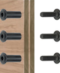 Twenty Five Piece M8x20mm Black Furniture Bolts Cabinet Connector Screws Barrel Nuts Carbon Steel Hardware Kit on wood panels.