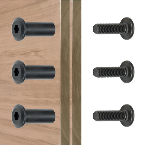 100 Pcs M8 X 20mm Black Barrel Nuts and Bolts for Knockout Furniture Assembly and Knuckle Busted Badass Mechanical Projects with Standard Coarse Thread Grip on wood panels.
