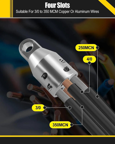 Close-up of Heavy Duty Penguin Puller Sr Wire Grip Handles showing four slots for 3/0 to 350 MCM cables.