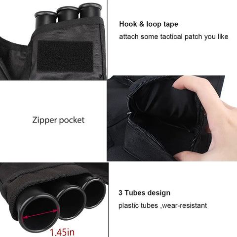 Three Tube Hip Quiver Waist Pack For Archery With Adjustable Belt Arrow Carrier With Pockets Black Oxford, close-up view
