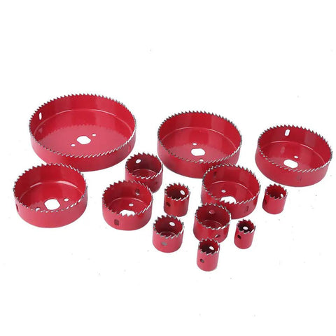Ultimate 16-Piece Hole Saw Kit Made From Heavy Red Steel For Cutting Wood PVC Pipe And Plastic Boards Perfect For Pro Work Or Serious DIY Home Projects To Make Any Cut Look Totally Rad And Professional. 16-piece red steel hole saw set