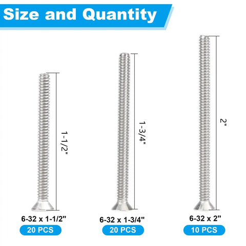 Top Notch 50 Piece 6 32 Machine Screw Knockout Pack With One Half Two Or One Three Quarter Inch Sizes For Outlet Box Mounting And Hardcore Diy Home Improvement Projects, showing screw sizes 1-1/2", 1-3/4", and 2".