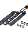 Pro Grade Aluminum Dowel Jig Drill Guide With Threaded Bushings Adjustable 18 To 60 Mm, black frame with adjustable inserts.