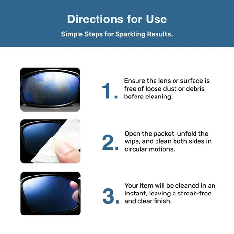 SOLWST Optix Clear Guard anti-fog lens wipes directions infographic showing three steps with lens images and wipe.