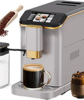 Fully Automatic Espresso Coffee Machine With 20 Bar Pump And 15 Adjustable Grind Settings Featuring A Built In Milk Frother Tft Touchscreen, showcasing coffee cups and milk frother.