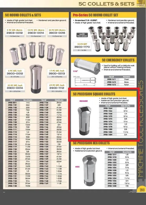 5C Precision Square Collet Nine Sixteenth Inch Hardened Tool Steel Internal And External Threads Precision Ground