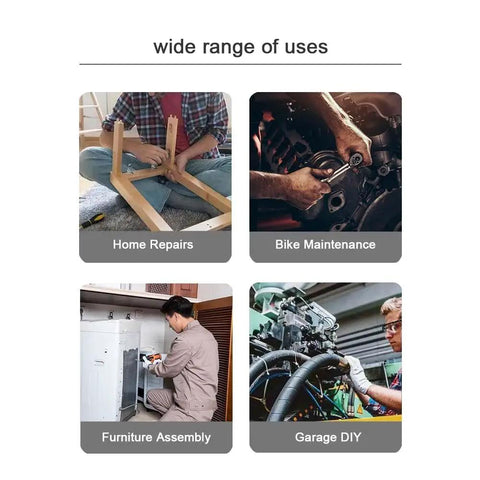 Adjustable Universal Socket Wrench Kit With Three Eighths Inch Hex Adapters for varied tasks like bike maintenance and furniture assembly.