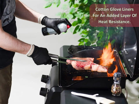 BBQ Glove Set With Four Cotton Liners And One Hundred Black Nitrile Gloves For Grillin And Food Prep in use on a grill