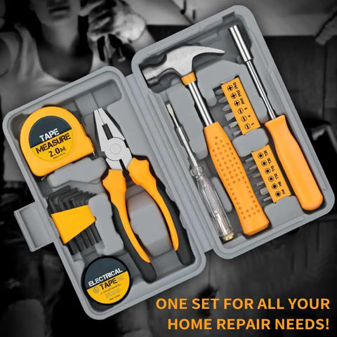 24 Piece DIY Tool Kit For Women Handy Starter Set Portable Mini Tool Box for home and office maintenance in yellow.