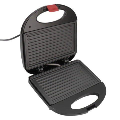 Compact 750W Electric Panini Press Grill And Double Sided Sandwich Maker Featuring Durable Nonstick Coating open with grill plates.