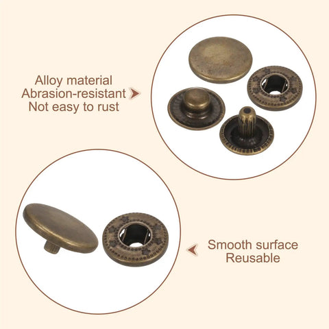 Pro Grade 50 Piece Leather Snap Fastener Kit With Killer Bronze Metal Press Studs showing alloy snap fasteners and smooth surfaces.