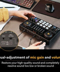 User adjusting controls on the Pro Grade Podcast Gear Bundle with Audio Interface and XLR Condenser Microphone for podcasting