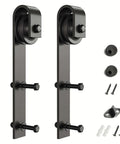 Front view of Sliding Barn Door Hangers J Shape 2 Pack Black Solid Steel with POM Wheels and accessories displayed separately