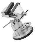Rock Solid Universal Table Vise Clamp With Zero Wobble Rotating Base showing aluminum alloy structure and rubber suction cup base.