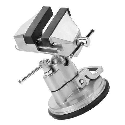 Rock Solid Universal Table Vise Clamp With Zero Wobble Rotating Base showing aluminum alloy structure and rubber suction cup base.