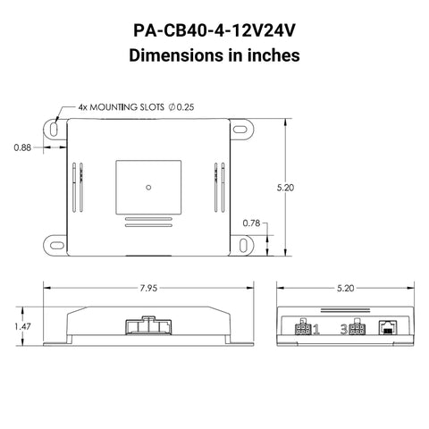 Four Channel Hall Effect Linear Actuator Control Box Featuring Synchronous Motion Sync And Dead Simple Plug And Play Setup For No Sweat 12 Volt DC Or 24 Volt DC Projects dimensions illustration.