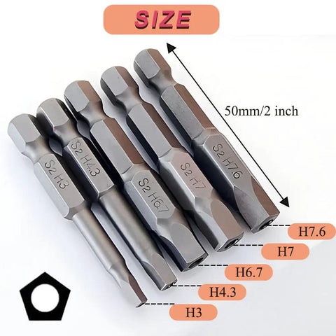 Magnetic Pentagon Head Screwdriver Bits Set Delivering A Heavy Duty Grip 10 Piece Security Drill Bits showing 5 sizes, S2 Steel, 50mm length.