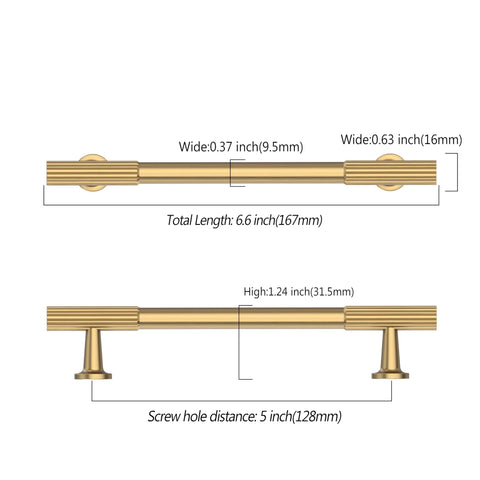 Diagram of Ten Pack 5 Inch Cabinet Handles With Champagne Bronze Finish, showing 128mm center, 167mm length, 31.5mm projection.