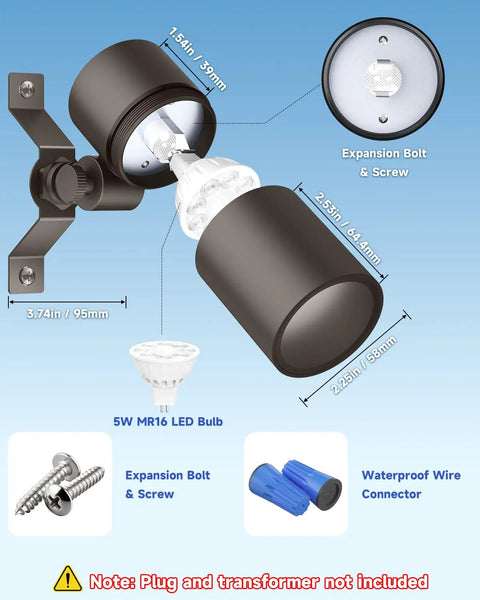 Low Voltage Landscape Down Lights Outdoor LED Spot Lighting For Yards, Wall Mounted With 160 Degree Adjustable Beam, Cast Aluminum Housing, MR16 5W, Stainless Steel Mounting Bracket, Weatherproof, 4-Count shown with parts