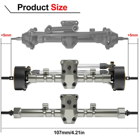 1/24 Scale Beefed-Up Extended Axle Set With 5mm Gain, 50 Degree Steering, Brass Knuckles, Truss, And Servo Mount, 107mm size