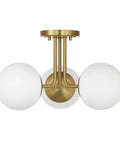 Three Light Aged Brass Semi Flush Mount Ceiling Light Fixture With White Globe Glass, Modern Sputnik Farmhouse Chandelier