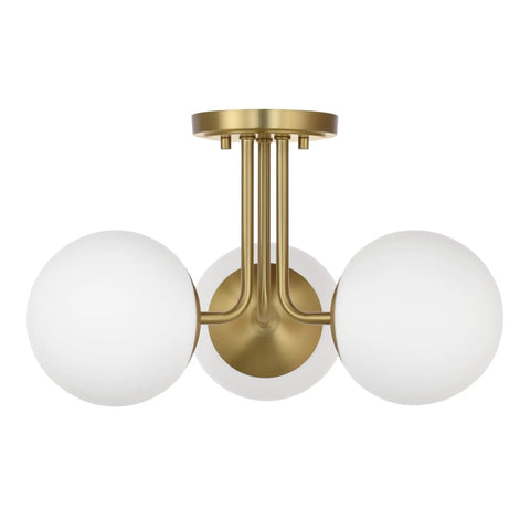 Three Light Aged Brass Semi Flush Mount Ceiling Light Fixture With White Globe Glass, Modern Sputnik Farmhouse Chandelier