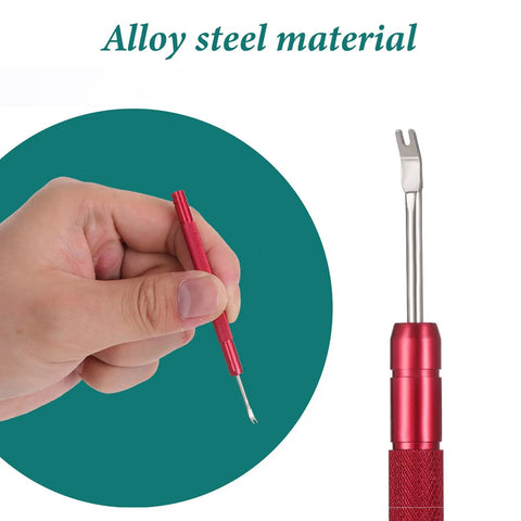 Close-up of a red stainless steel watch hand setting tool from 5 Pcs Watch Hands Repair Tool Kit, showing alloy steel material.