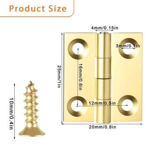 Ten Sets 1 Inch Gold Mini Brass Hinges With Screws For Jewelry Boxes DIY Projects featuring detailed size measurements