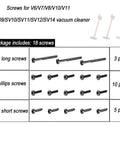 18 Piece Vacuum Screw Kit For V6 V7 V8 V10 V11 Vacuum Cleaners with 3 T8 long screws, 5 T8 short screws, 10 cross screws.