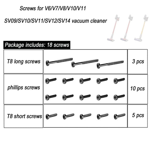 18 Piece Vacuum Screw Kit For V6 V7 V8 V10 V11 Vacuum Cleaners with 3 T8 long screws, 5 T8 short screws, 10 cross screws.