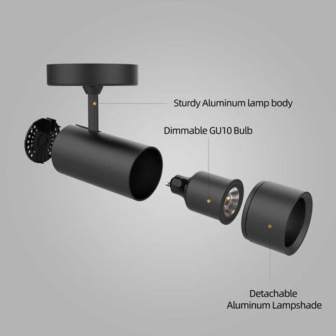 Exploded view of LED Dimmable Ceiling Spotlight For Indoor Accent Lighting, showing replaceable GU10 bulb and black finish