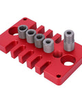 Red 3-In-1 Dowel Jig Drill Guide Block for Woodworking, Aluminum Alloy Hole Locator with bushings, angled view