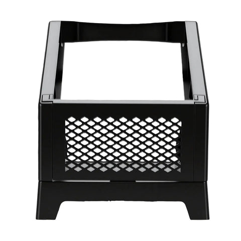 Front view of black Thermal Label Holder For Rolls And Fan Fold Labels, Easy Stand For Desktop Label Printer, mesh design