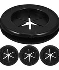 Black Rubber Dual Sided Grommet Kit For Cable Protection With Easy Buckle Install And Secure Cable Fixation, 4 Pack, Heavy Duty Wire Grommets For Indoor Or Outdoor Wiring And Cable Management; black rubber desk cable grommets, top and four-pack view