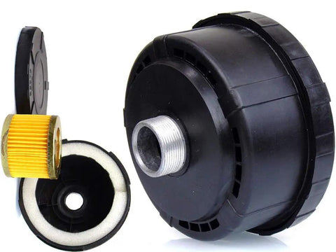 Pro Quiet 33mm Air Compressor Silencer Filter With 1 Inch BSP Thread Metal Intake Filter, disassembled view showing components.