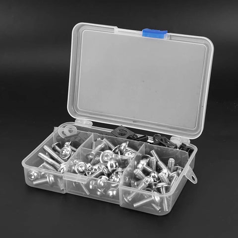 Aluminum M5 Motorcycle Screws Fairing Kit With 177 Piece Washer Assortment For Sportbike Body Panels And Riders Ride Ready Durable Versatile Hardware Set Includes Washers And Spacers For Wide Fit And Quick Repairs. open storage case with silver M5 screws and washers