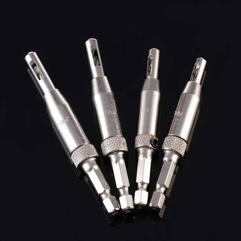 4-piece HSS self-centering hinge tapper drill bit set with 1/4-inch quick-change hex shanks, silver metal