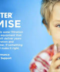 Child drinking water with Home Master Promise text, related to Replacement Whole House Water Filter Cartridge for Big Blue Housings.