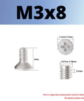 Real Deal M3x8 Phillips Flat Countersunk Stainless Steel Machine Screws Rust Resistant 304 showing size and shape details.