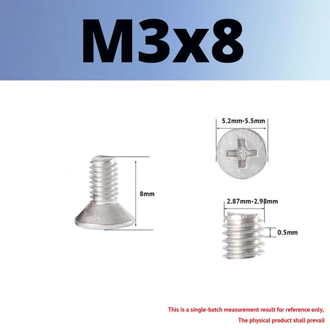 Real Deal M3x8 Phillips Flat Countersunk Stainless Steel Machine Screws Rust Resistant 304 showing size and shape details.