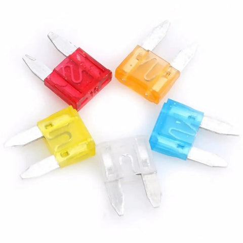Colorful fuses from 120 Piece Blade Type Car And Motorcycle Fuse Kit With Assortment Of Mini Size Fuses For Quick Replacement, Fuse Puller Included