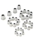 36 Piece Adjustable Cable Gland Kit 3 To 21mm IP68 Waterproof Nylon Plastic Lock Nut Connectors And Joints DIY Friendly For Electrical Enclosures And Panels Easy Install displayed in various sizes.