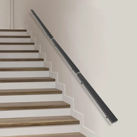 Heavy Duty Wall Mounted Stair Handrail 10 Feet Long Built Tough With Premium Black Stainless Steel For Indoor Outdoor Steps, installed on stairs.