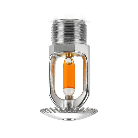 Two Pack Upright Copper Fire Sprinkler Heads Deliver Real Deal Fire Safety With Quick 135F Activation Solid Half Inch Threads And Heavy Duty Craftsmanship That Slays Every Inspection, detailed view of chrome sprinkler head with glass bulb.