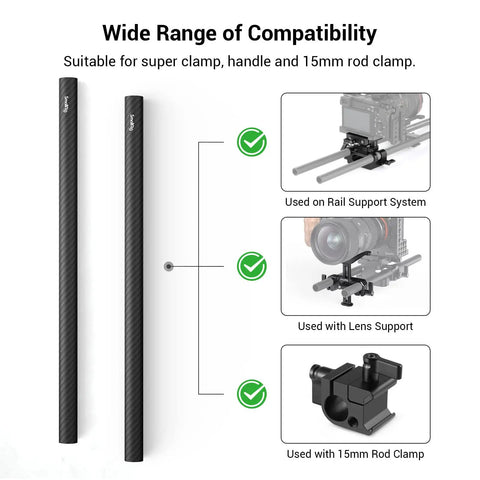 Hella Lightweight 15mm Carbon Fiber Camera Support Rods 12 Inches Pack Of 2 Smooth Matte Finish, compatible with lens support and rail system.
