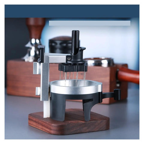 Badass Espresso Stirrer And Coffee Distribution Tool For Leveling Portafilter Pucks, stainless steel and plastic, mounted design.