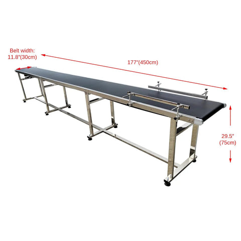 PVC Flat Belt Conveyor Machine 177x11.8 Inch Industrial Heavy Duty Transport Belt 110V 370W Adjustable Speed Electric Conveyor Black For Bottles Caps Bags Boxes Labels Sorting, shown with dimensions and stainless steel frame.