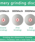 Emery grinding discs for Built Tough Electric Wet Bench Sander And Pro Dry Grinder, showcasing 320, 800, and 3000 mesh sizes.