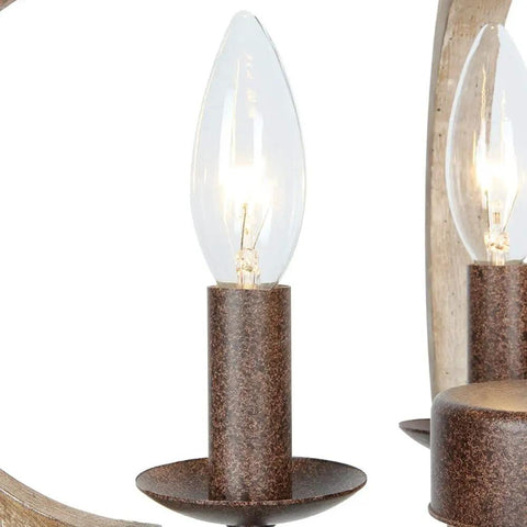 Close-up of bulb and rustic bronze arm on 4 Light Farmhouse Chandelier With Handmade Wood Frame And Rustic Bronze Arms