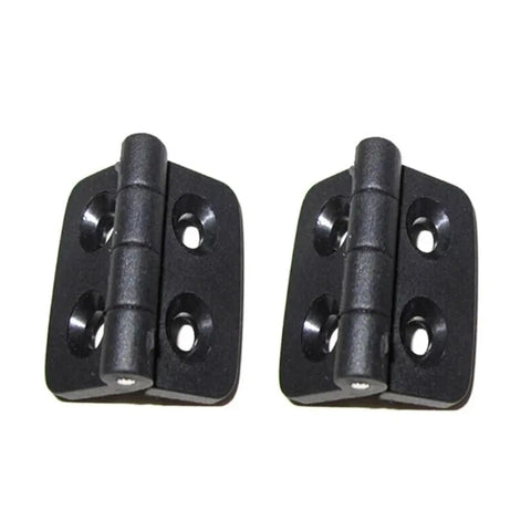 Two black heavy-duty nylon folding hinges from 10 Pack Nylon Folding Hinges For Electric Boxes And Cabinets Heavy Duty Plastic Butt Hinge For Welding Machines Industrial Doors Flip Lids And DIY Projects.